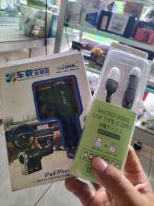 Car Charger + Kabel Data Type C & Micro 5V 2.1A Pengisian Cepat Adaptor Daya Mobil Smartphone