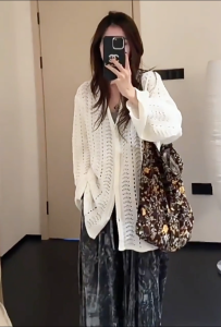 ZANZEN White Hollow Knit Sweater Top Simple Casual Loose Long Sleeves Knitted Cardigan Lazy Style Daily Leisure Office