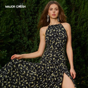 French Elegance Bell Flower Halter Dress with Waist Cutout Detail