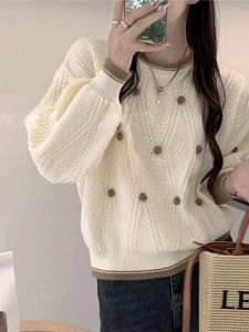 เสื้อสเวตเตอร์ถักหนาสำหรับผู้หญิงในฤดูหนาว เสื้อชั้นในสั้น เสื้อสเวตเตอร์ถักแบบลำลอง ทรงหลวม แขนยาว ปกติ