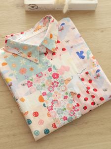 Sweet Japanese Style Short Sleeve Cotton Shirt Womens Loose Fit Summer Top Cartoon Pattern POLO Collar Button Detail
