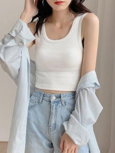 เสื้อกั๊กแขนกุดลายทางสปอร์ตสำหรับผู้หญิงในช่วงฤดูร้อน ทรงเข้ารูป เสื้อชั้นในสีขาว สไตล์ลำลอง คอวี ทรงหลวม แขนกุด