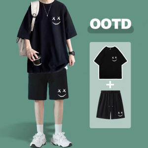 plus Size Loose Fit Pure Cotton T-Shirt Mens Summer Hong Kong Style Short Sleeve Casual Sportswear Set Breathable Comfortable