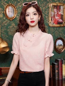 New Chinese Style Button up Shirt Womens Short Sleeve Renovated Cheongsam Top Fashionable Casual Pure Color Polyester Fiber