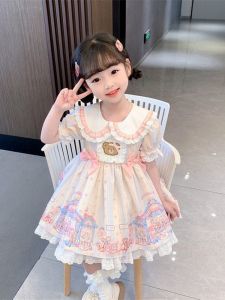 Princess Style Childrens Dress Lolita Skirt for Girls Summer Popular Ice Dream Heart Brand Cartoon Pattern Short Sleeve