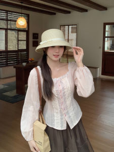 Lace Splicing Square Neck Long Sleeve Tied Shirt Spring