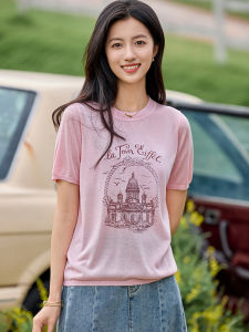 WANGGONGZHU | Retro Printed Embroidered Short Sleeve Knitted Top Women Summer Thin Casual Fashion Loose Fit T-Shirt Round Neck Straight Cut