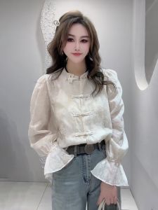 New Chinese Style Womens Shirt with Button Design Long Sleeve Autumn Winter Loose Fit Slimming Top Korean Style Stand Collar