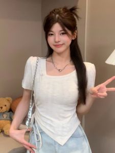 Áo Thun Nữ Tay Ngắn Màu Trắng Thiết Kế Ôm Vừa Vặn Có Dây Rút Phong Cách Trung Hoa Nhẹ Mùa Hè Cổ Tròn Dài Ngắn