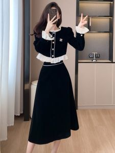 Black Velvet Top And Skirt Set Womens Fashion Autumn Outfit Elegant Two-Piece Ensemble Mini Dress Sensation High-End Feel