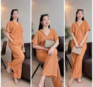 Monika Plain Color Textured V Neck Top & Pants Terno Set: XS to Large Women's Fashion