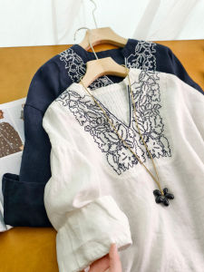 XIAOER | Áo Thoáng Dày Có Thêu Nếp Li Cắt Dài Sau 100% Linen