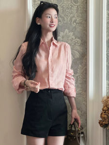 BINKAFENNY | เสื้อเชิ้ตลินินแขนยาวผู้หญิงสไตล์ฝรั่งเศส สีชมพู หลวมๆ น้ำหนักเบา กันแดด ฤดูร้อน 2025 เสื้อเชิ้ตคอโปโลแขนยาวแบบบาง