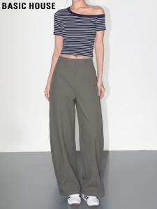 Basic House | Green High Waist Straight Leg Trousers Loose Wide Leg Pants