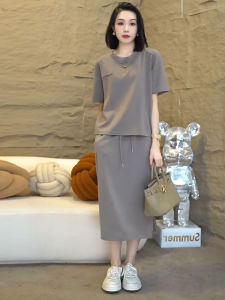 Grey Short Sleeve Casual Sportswear Set for Women Summer Loose Drawstring Straight Mini Skirt Two-Piece Suit European Style