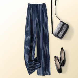 TUOYUN | Deep Blue Vertical Striped Wide Leg Pants Womens High Waist Slim Straight Cut Drapey Commute Suit Trousers Stylish Casual