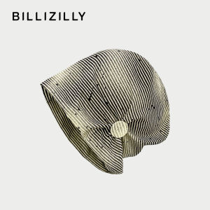 BILLI ZILLY | Flattering Slouchy Beanie with Ruffled Stripes and Button Pile