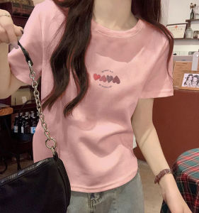 Pink Heart Pure Cotton Short Sleeve T-Shirt Womens Slimming Anti-Aging Small Figure Shoulder Level Top Summer New Arrival