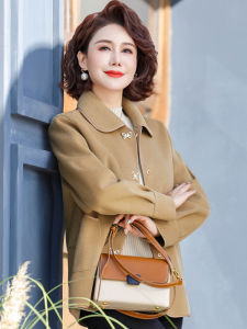 Elegant Double-Faced Woolen Coat for Middle-Aged Women Spring Autumn Fashionable Polo Collar Single-Breasted Regular Sleeve