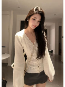 YUEZHONGWEI | Atmospheric Lazy Style White V-Neck Cable Knit Cardigan