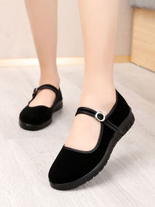 รองเท้าผ้าปักสไตล์ปักกิ่งสำหรับผู้หญิง รองเท้าทำงานพื้นนุ่ม กันลื่น รองเท้าเต้นรำ พื้นแบน รองเท้าสวมสบาย สีดำ รองเท้าสำหรับคุณแม่