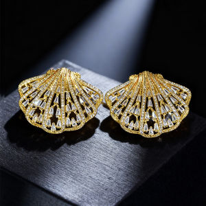 SEQUITO Delicate Gold Plated Jewelry Micro Pave Shiny AAA Cubic Zircon Shell Shape Women Big Stud Earrings New Years Gifts SE1004