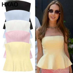 HXAO Corset Tube Topผู้หญิงฤดูร้อน 2025 สีขาวสีชมพูสีฟ้าสีเหลืองสีดําTop Bustier Ruffledเสื้อน่ารักแขนกุดBackless Tank Top