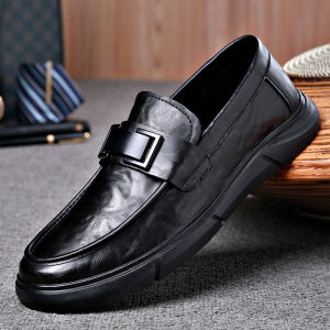 Soft Leather Mens Business Casual Slip-On Bean Shoes Spring Summer Fashionable British Style Flat Bottom Mens Footwear