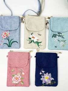 Embroidered Zipper Crossbody Phone Bag Hanfu Style Womens Shoulder Bag Fresh Artistic Ancient Chinese Aesthetic Mobile Pouch