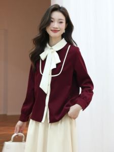 AMMIN 2024 Autumn new color contrast lapel false pocket patchwork long sleeve commuter chiffon shirt womans Korean style single-breasted design personality elegant blouse