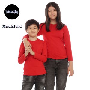 Kaos Polos Anak Oneck Lengan Panjang Bahan Katun Combed 30s Warna Merah Solid