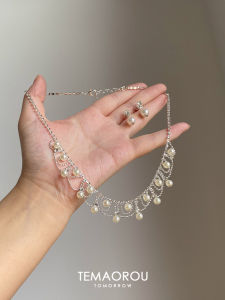 Luxury Silver Lace Pearl Pendant Set with Pearl Earrings Dinner Party High-End Feel Clavicle Chain Choker Fashion Jewelry