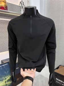 Black Half Zipper Stand Collar Long Sleeve T-Shirt Mens Fitness Training Wear Autumn Sports Inner Wear Heavy Duty Casual Top