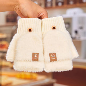 Women Fuzzy Gloves Winter Flip-Top Warm Fingerless Mittens Student Writing Thick Cute Bear Soft Typing Office Plush Lady Gloves