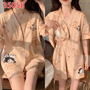 ชุดนอนผู้หญิงแขนสั้นผ้าฝ้ายแท้ฤดูร้อน ชุดอยู่บ้านแบบมีแผ่นเสริมหน้าอก ชุดนอนแขนสั้นผ้าฝ้ายแท้สไตล์เกาหลี INS ชุดนอนผู้หญิง