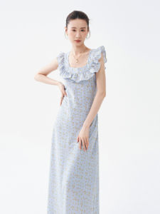 French Design Ruffled U-Neck Cap Sleeve Floral Summer Holiday Long Dress