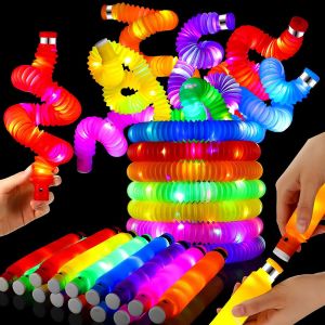 6PCS Pop Tubes LED Light Up Stress Relief Sensory Toy Glow in The Dark Birthday Party Giveaways Laruan