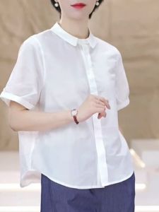 Elegant Single-Button Short-Sleeve Polo Shirt for Women Summer 2025 Casual Loose Fit Lightweight Age-Defying Open Cardigan Top