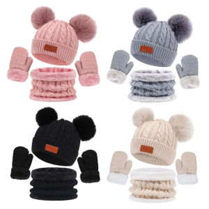หมวกเด็กฤดูหนาวชุด 4 ชิ้น Pompom เด็กถักหมวกผ้าพันคอถุงมือชุด Faux Fur Ball เด็กอบอุ่นหมวกหมวกสําหรับชายหญิง 1-4Y