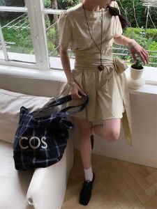 Side-Tie Washed Pure Cotton Breathable Slimming Waist Dress Casual Style Summer Shirt Dress Short Sleeve round Neck Plaid Pattern