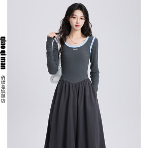 French Style Long Sleeve Knitted A-Line Dress Womens High Waist Bouffant Skirt Popular Spring Autumn Commute High Quality Dress