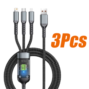 3 In 1 USB 100W Fast Charging Cable With Type-C Micro Multi Charger Nylon Braid Cord For iPhone 16 Oppo Huawei Xiaomi Data Cord