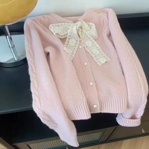 Áo Len Cardigan Dệt Kim Mềm Mại Màu Hồng Thắt Nút Dáng Rộng Cổ Tròn Tay Dài Thường Ngày Thoải Mái Phong Cách Ngọt Ngào Áo Khoác Ngoài Cho Nữ