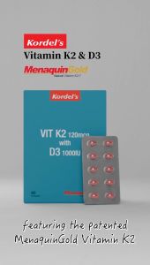 Kordels Vit K2 120mcg with D3 1000IU for Heart Kidney Bones Skin Veins and Immunity Health (60s)