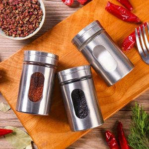 1pc Kitchenware Stainless Steel Seasoning Jar Glass Sprinkler Barbecue Seasoning Jar Pepper Bottle Toothpick Holder Salt Shaker