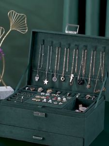 【 2-3Day Delivery 】Three-layer Jewelry Box With Lock Large Earring Ring Necklace Organizer Velvet Jewelry Case Organizer With Drawer