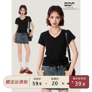 American Style Hot Girl Black V-Neck Short Sleeve T-Shirt Women Summer Slim Fit Pure Color Cotton Half Sleeve Top