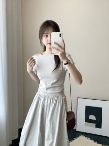 Korean Style Sweet And Spicy Solid Color One Shoulder Dress Womens Summer High Waist A-Line Skirt Dress Chic Waist-Cinching Long Dress