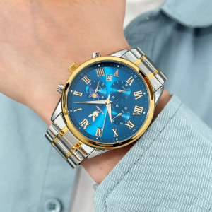 PLAYBOY แบรนด์เรือธงนาฬิกาชายกันน้ำแฟชั่นพระอาทิตย์และพระจันทร์นาฬิกาควอตซ์ปฏิทินเรืองแสงหน้าปัดสแตนเลส 42 มม