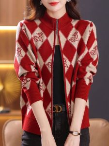 Erdos Woolen Knitwear Zipper Collared Short Open Cardigan Womens Loose Large Size Winter Warm Fashion Korean Style Top
